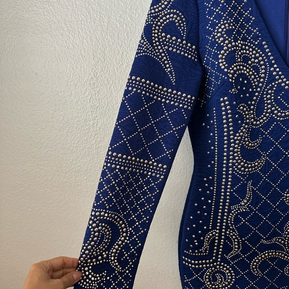 Va Va Voom Royal Blue Beaded Long Sleeve Body Con Medium Mini Dress Brand New - Picture 4 of 9